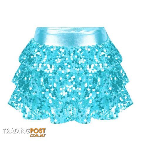 Light Blue / 4Zippay Kids Girls Shiny Sequins Tiered Ruffle Skirted Shorts Metallic Culottes for Latin Jazz Modern Dancing Stage Performance Costume