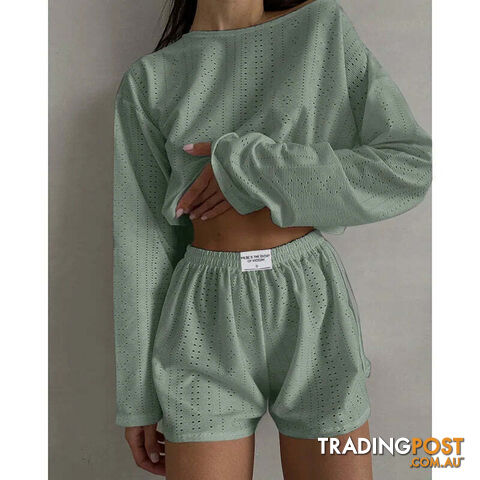 Green / SZippay Women's Pajamas Set Spring Long Sleeve Tops With Shorts Sleepwear 2 Piece Set Loose Round Neck Home Wear Loungewear Pyjama Femme