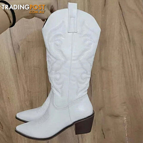 WHITE / 40Zippay Cowboy Western Boots Shiny Metallic Women Embroidery Knee High Stiletto Pointed Toe Pink Shoes