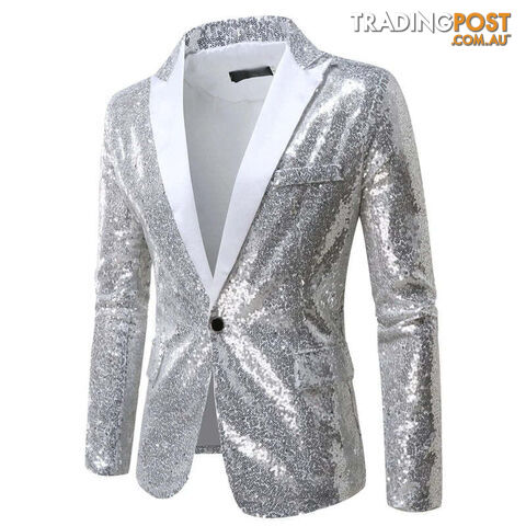X36 Silver / US Size XXLZippay Shiny White Sequin Glitter Blazer for Men One Button Peak Collar Tuxedo Jacket Mens Wedding Groom Party Prom Stage