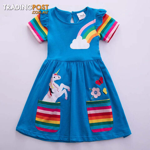 Blue / 5-6YZippay Girls Short Sleeve Unicorn Dress New Summer Embroidered Two Pockets Rainbow Sleeve