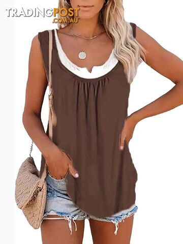Brown / SZippay Womens blouse solid color patchwork sleeveless pleated vest T-shirt