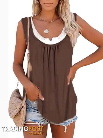 Brown / LZippay Womens blouse solid color patchwork sleeveless pleated vest T-shirt