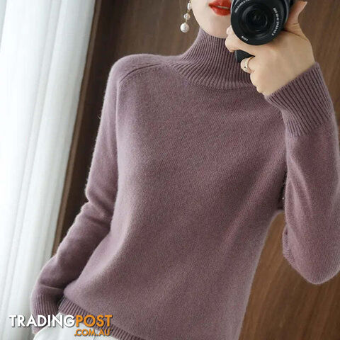 Dark Purple / MZippay Turtleneck Pullover Cashmere Sweater Women Pure Color Casual Long-sleeved Loose