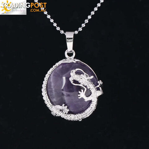 AmethystZippay Necklace Dragon Pendants Women Natural Stone Purple Crystal Pink Quartz Tiger Eye Lava Rock Flat Round Beads