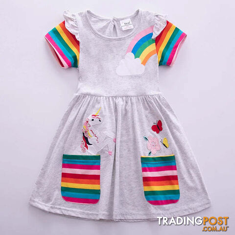 Gray / 6-7YZippay Girls Short Sleeve Unicorn Dress New Summer Embroidered Two Pockets Rainbow Sleeve