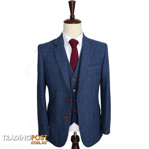 XXLZippay Wool Blue Herringbone Retro gentleman style custom made Men's suits tailor suit Blazer suits for men 3 piece (Jacket+Pants+Vest)