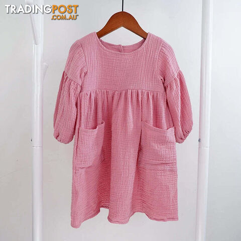 Dusty-Pink / 2TZippay Children's Organic Cotton Double Gauze Loose Pockets Baby Girls Dress Fashion Princess Casual Kids Dresses