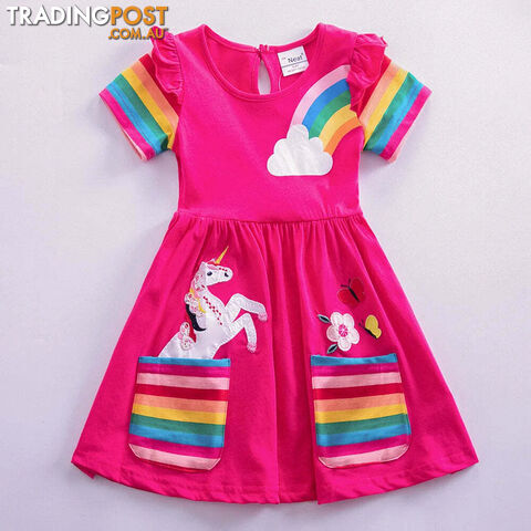Fuchsia / 6-7YZippay Girls Short Sleeve Unicorn Dress New Summer Embroidered Two Pockets Rainbow Sleeve