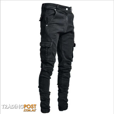 L0066 Black / S Waist 76cmZippay Men's Slim Fit Stretch Jeans Casual Fashion Multi Pocket Cargo Denim Pants High Street Men's Jeans Work Hip Hop Trousers