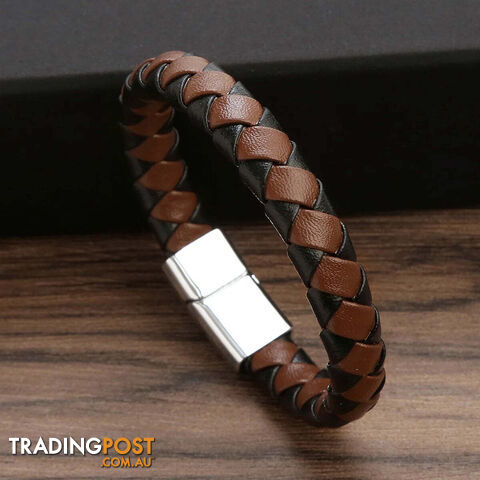 01 / 19cmZippay Punk Men Leather Braided Bracelet Hand-Woven Classic Stainless Steel Magnetic Clasp Leather Bangle
