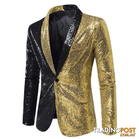X22 Black Gold / US Size MZippay Shiny White Sequin Glitter Blazer for Men One Button Peak Collar Tuxedo Jacket Mens Wedding Groom Party Prom Stage