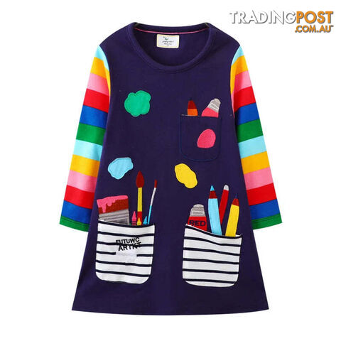 T7824 Navy / 8TZippay Children's School Dresses With Pockets Pen Embroidery Long Sleeve Autumn Kids Preppy Style Dress