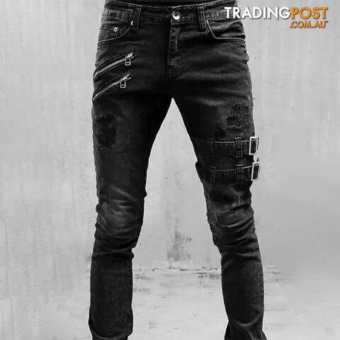 YLJ0019 black / XXLZippay Retro Moto Biker Straight Elastic Jeans Men Zipper Hole Streetwear Punk Skinny Denim Cargo Pants Pantalones Hombre Y2K Clothing