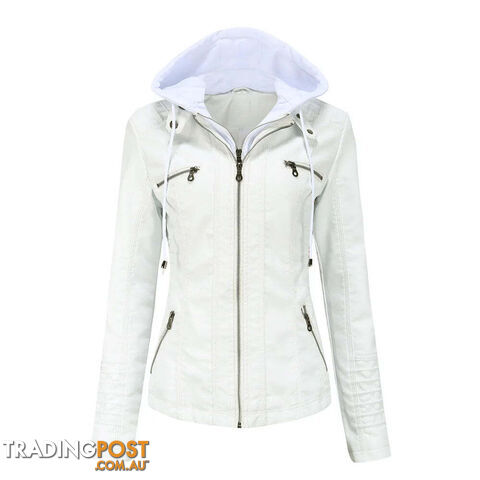 WHITE / SZippay Plus Size Women Hooded Leather Jacket Removable Leather Jacket