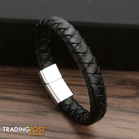 02 / 19cmZippay Punk Men Leather Braided Bracelet Hand-Woven Classic Stainless Steel Magnetic Clasp Leather Bangle