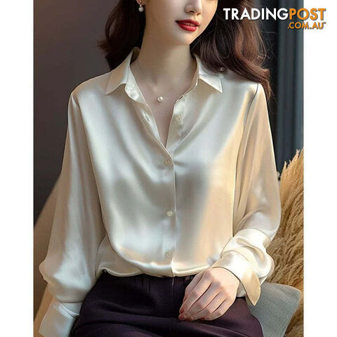 White / M(47.5-52.5)kgZippay Women's Solid Color Polo-Neck Button Elegant Loose Long Sleeve Versatile Unique Shirt Tops
