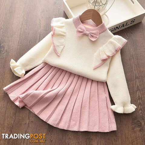 Pink / 3TZippay Casual Girls Dress Knitting Kids Suit Winter Long Sleeves Princess Top and Skirt 2pcs Outfits Sweater Kids Clothes