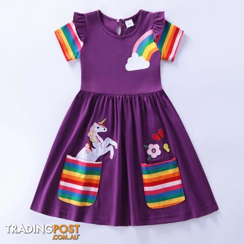 Purple / 5-6YZippay Girls Short Sleeve Unicorn Dress New Summer Embroidered Two Pockets Rainbow Sleeve