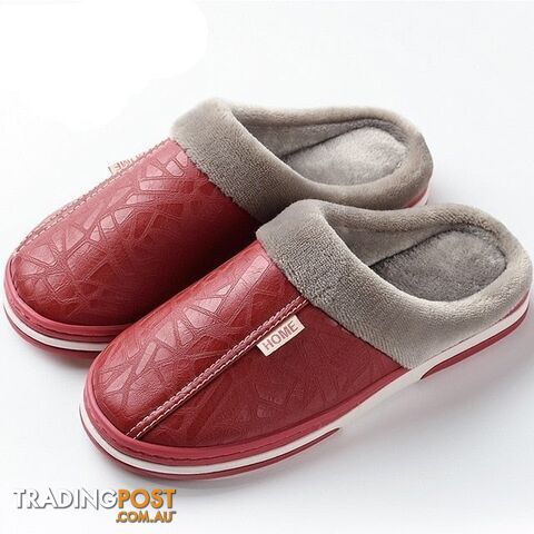 Red / 7Zippay slippers Home Winter Indoor Warm Shoes Thick Bottom Plush Waterproof Leather House slippers man Cotton shoes