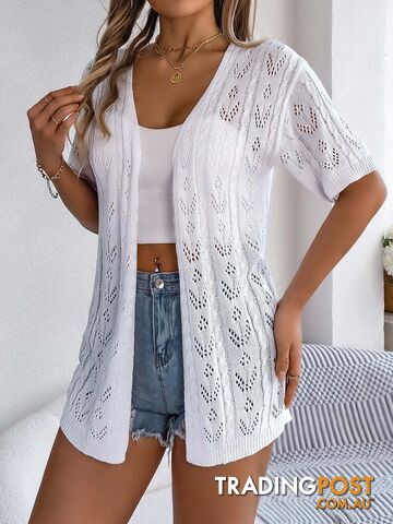 WHITE / MZippay Casual Solid Color Hollow Out Knitted Cardigan Sun Proof Tops for Women