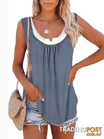 Dark Grey / SZippay Womens blouse solid color patchwork sleeveless pleated vest T-shirt