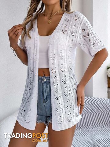 WHITE / SZippay Casual Solid Color Hollow Out Knitted Cardigan Sun Proof Tops for Women