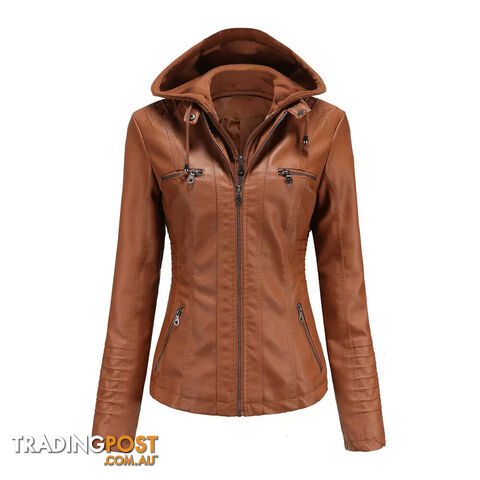 Brown / XLZippay Plus Size Women Hooded Leather Jacket Removable Leather Jacket