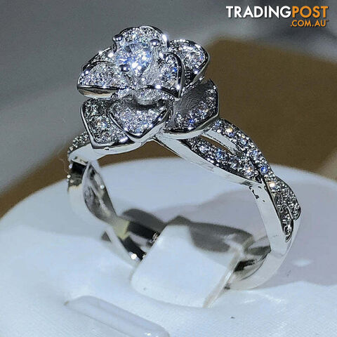 10 / WHITEZippay 925 Sterling Silver InterTwined Three-Dimensional Rose Ring White Zircon Full Diamond Ring Ladies Temperament Elegant Jewelry