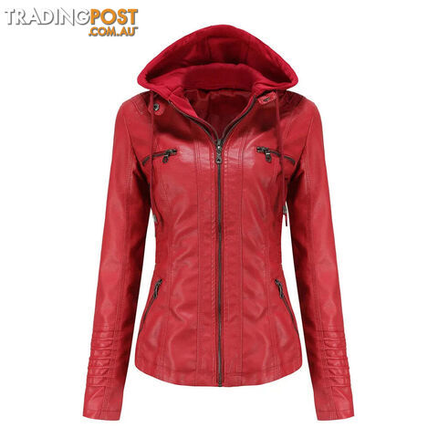 Red / SZippay Plus Size Women Hooded Leather Jacket Removable Leather Jacket