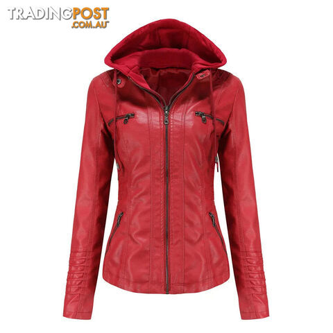 Red / XXXXLZippay Plus Size Women Hooded Leather Jacket Removable Leather Jacket