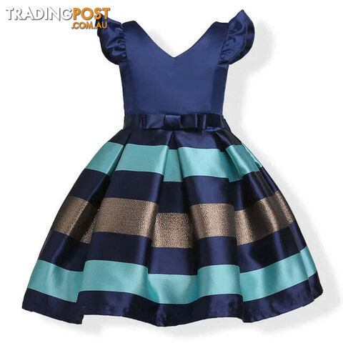 Navy / 9-10Zippay Girls Striped Flying Sleeve Bow Knot Colored Dress Birthday Party Wedding Flower