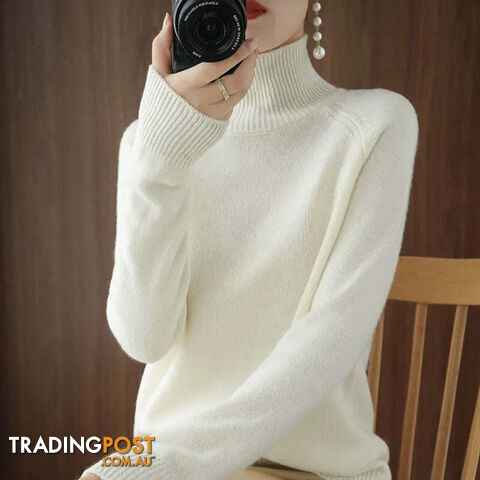 White / XXLZippay Turtleneck Pullover Cashmere Sweater Women Pure Color Casual Long-sleeved Loose