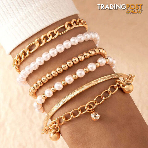 21416-goldZippay 6pcs/set Fashion Gold Color Beads Pearl Star Multilayer Beaded Bracelets Set for Women Charm Party Jewelry Gift