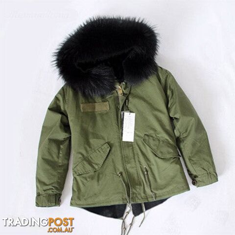Greenparka black fur / MZippay Women Winter Army Green Jacket Coats Thick Parkas Plus Size Real Fur Collar Hooded Outwear