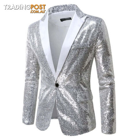 X36 Silver / US Size MZippay Shiny White Sequin Glitter Blazer for Men One Button Peak Collar Tuxedo Jacket Mens Wedding Groom Party Prom Stage