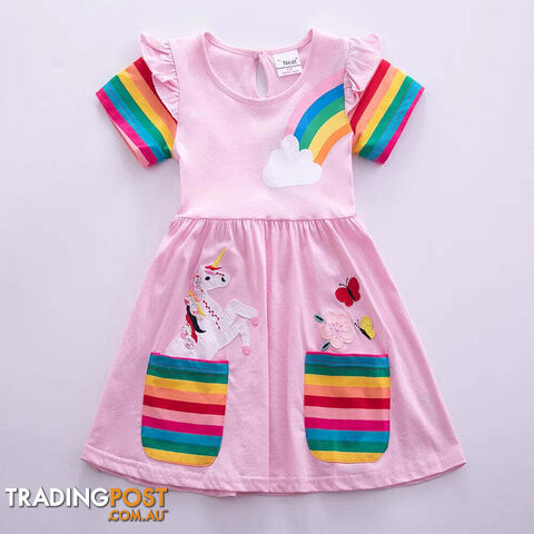 Pink / 7-8YZippay Girls Short Sleeve Unicorn Dress New Summer Embroidered Two Pockets Rainbow Sleeve