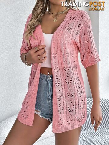 Pink / XXLZippay Casual Solid Color Hollow Out Knitted Cardigan Sun Proof Tops for Women