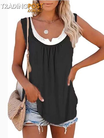 black / XLZippay Womens blouse solid color patchwork sleeveless pleated vest T-shirt