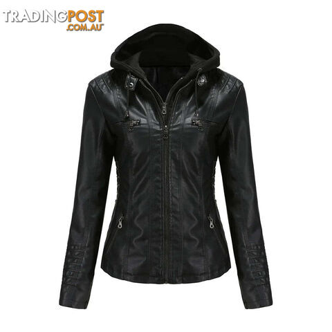 Black / MZippay Plus Size Women Hooded Leather Jacket Removable Leather Jacket