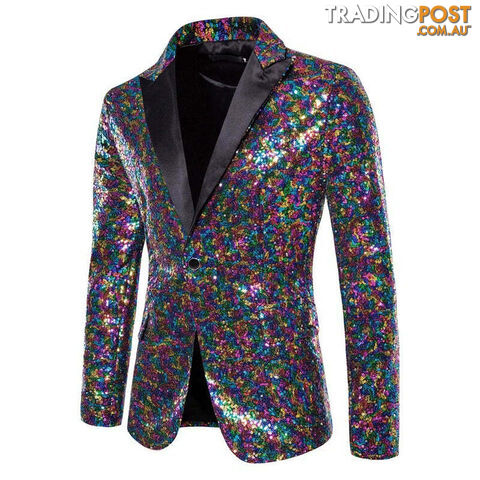 X36 Colorful / US Size MZippay Shiny White Sequin Glitter Blazer for Men One Button Peak Collar Tuxedo Jacket Mens Wedding Groom Party Prom Stage
