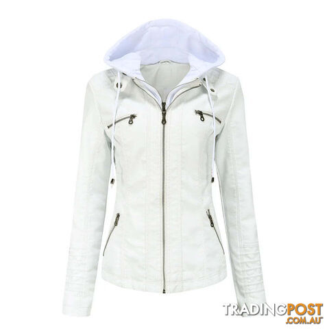 WHITE / MZippay Plus Size Women Hooded Leather Jacket Removable Leather Jacket