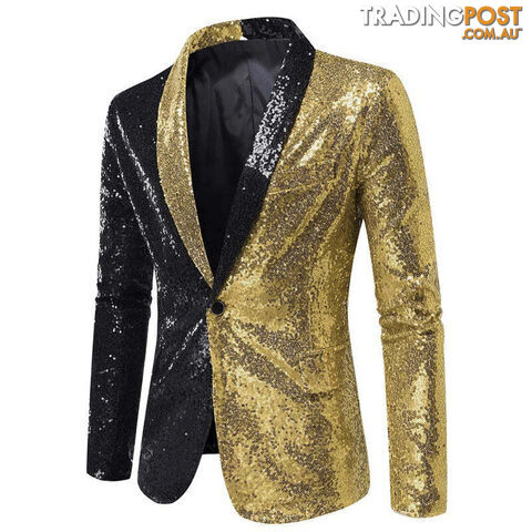 X22 Black Gold / US Size SZippay Shiny White Sequin Glitter Blazer for Men One Button Peak Collar Tuxedo Jacket Mens Wedding Groom Party Prom Stage