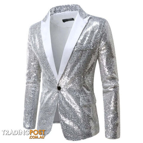X36 Silver / US Size LZippay Shiny White Sequin Glitter Blazer for Men One Button Peak Collar Tuxedo Jacket Mens Wedding Groom Party Prom Stage