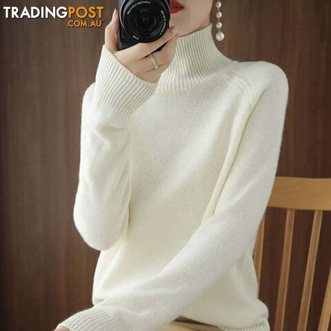 White / XLZippay Turtleneck Pullover Cashmere Sweater Women Pure Color Casual Long-sleeved Loose