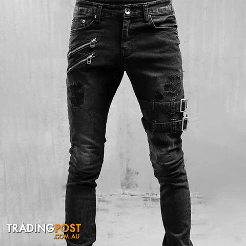 YLJ0019 black / SZippay Retro Moto Biker Straight Elastic Jeans Men Zipper Hole Streetwear Punk Skinny Denim Cargo Pants Pantalones Hombre Y2K Clothing