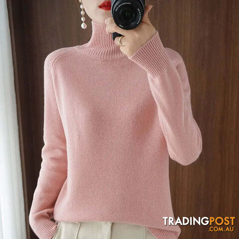 Pink / MZippay Turtleneck Pullover Cashmere Sweater Women Pure Color Casual Long-sleeved Loose