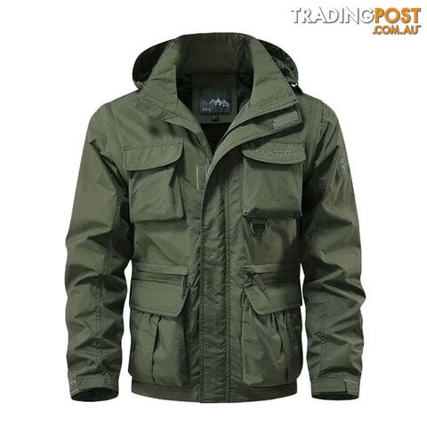 Army Green / LZippay Detachable windproof hooded jacket men's casual waterproof multi bag cargo jacket vest