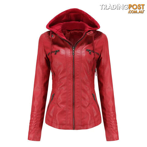 Red / XXLZippay Plus Size Women Hooded Leather Jacket Removable Leather Jacket