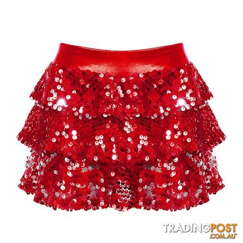Red / 14Zippay Kids Girls Shiny Sequins Tiered Ruffle Skirted Shorts Metallic Culottes for Latin Jazz Modern Dancing Stage Performance Costume